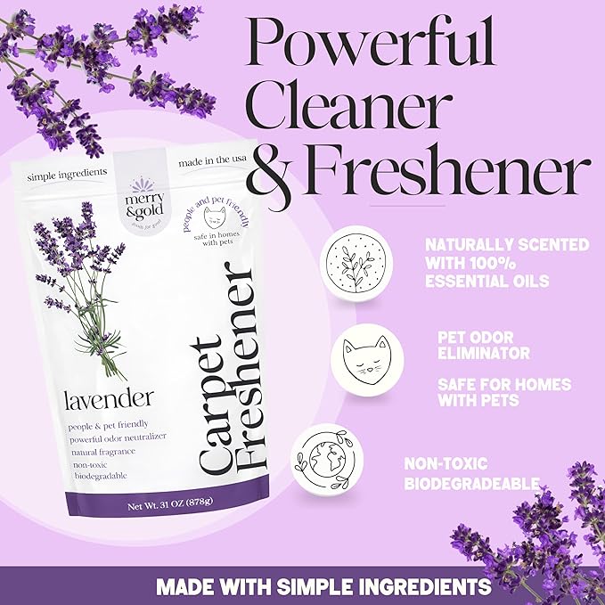 Merry & Gold Carpet Freshener & Deodorizer Powder - 31oz | Pet Odor Eliminator for Strong Odors | Safe for Homes with Pets | Made in USA | Natural Ingredients (Lavender)