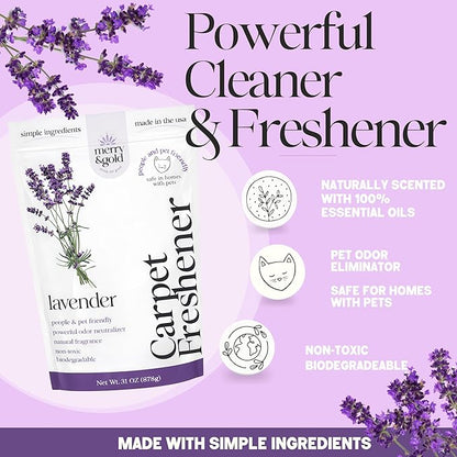 Merry & Gold Carpet Freshener & Deodorizer Powder - 31oz | Pet Odor Eliminator for Strong Odors | Safe for Homes with Pets | Made in USA | Natural Ingredients (Lavender)