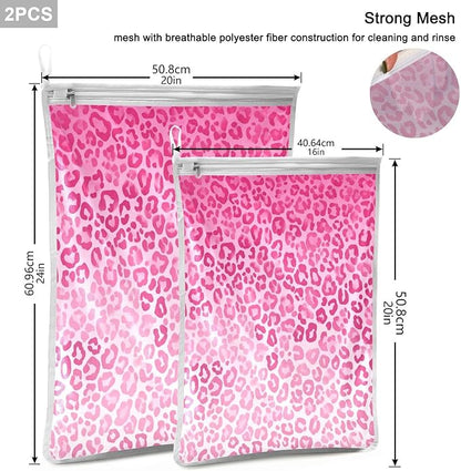 Mesh Laundry Bags Lingerie Bags for Washing Delicates 2 PCS Durable Wash Bag with Zipper Small and Medium Washable Gradient Pink Leopard Print