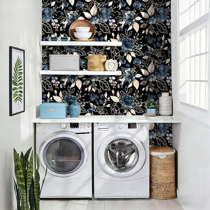 Black and Gold Floral Peel and Stick Wallpaper Self Adhesive Removable Thick Modern Dark Botanical Watercolor Navy Blue Flower Accent Wall for Bedroom Bathroom Renter Friendly 17.7" x 393.3"