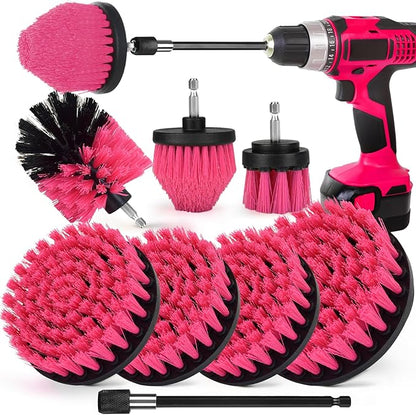 8 Pack Drill Brush Attachment Set, 1/4in Power Scrubber Brush + Extend Long Rod, Multi-Purpose Power Cleaning Scrub Brush for Bathroom, Tub, Tile, Corner, Floor(Hot Pink)