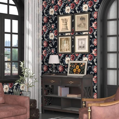Fvlow Black Floral Wallpaper Peel and Stick 17.4" x 118" Dark Floral Contact Paper Red and White Flowers Vintage Waterproof Self Adhesive Covering for Bedroom Cabinet Bathroom Home Decor