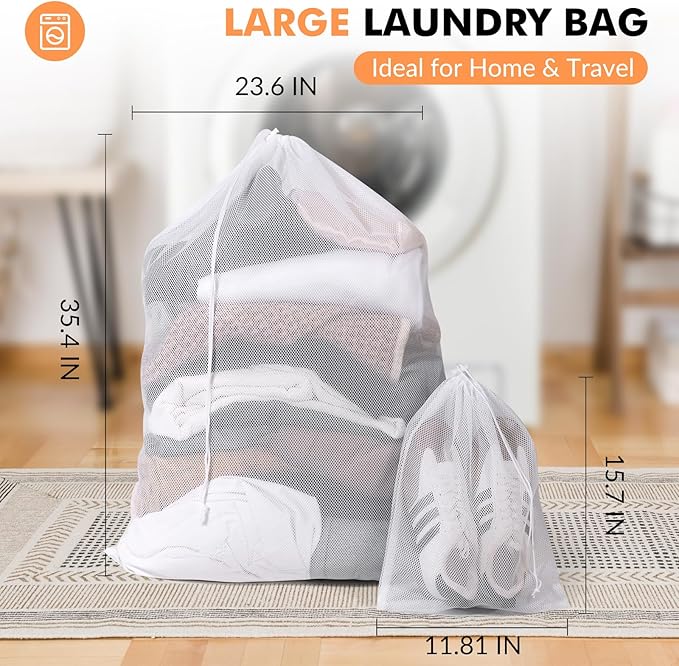 2 Pack Mesh Laundry Bags - Large & Small Heavy Duty Mesh Laundry Bag with Drawstring, Wash Bags for Travel, College, Dorms, Sports, Family, White