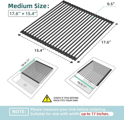 Ohuhu Over The Sink Dish Drainer Drying Rack, 17.6" W x 15.4" L Roll Up Dish Racks Kitchen Sink Organizer Silicone Wrapped Large in Sink Dish Drying Rack Foldable Rolling Drain Mats Anti-Slip