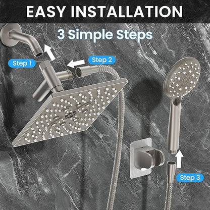 Veken High Pressure Rain Shower Head with Multi-Functions, Square Rainfall Shower Heads with 5-Mode Handheld Spray Combo, Detachable Hand Held Showerhead with Hose, Double Regaderas Para,Starlight