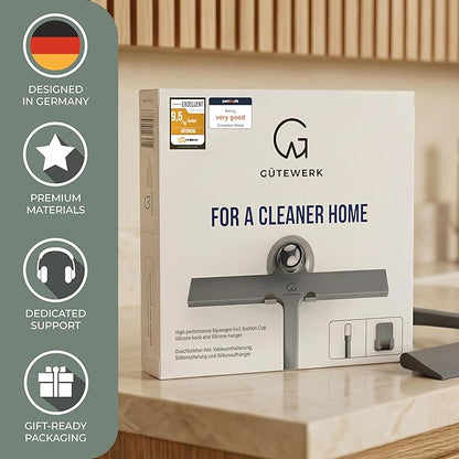 GÜTEWERK Silicone Shower Squeegee for Glass Doors & Mirrors with Stainless Steel Core, Streak-Free & No-Squeak Window Cleaning, 3-in-1 No-Drill Mount (Hook/Suction/Adhesive),Gray, 9 Inches