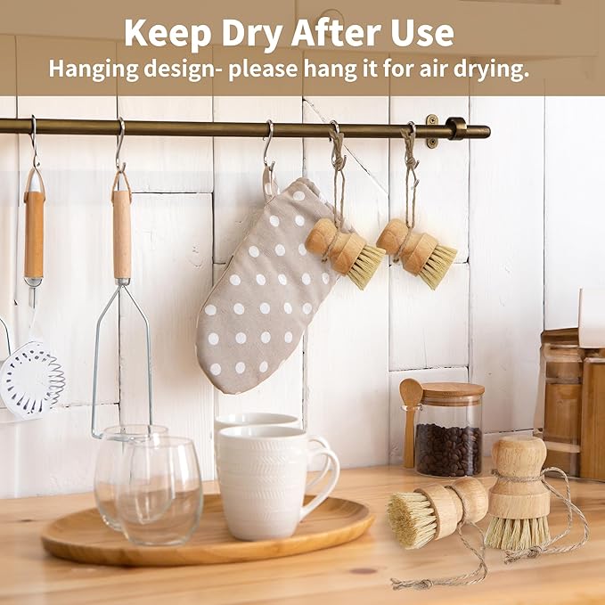 12 Pcs Bamboo Dish Brush, Wooden Bamboo Dish Scrub Brushes, Round Wooden Dishwashing Brush Sisal Bristles for Pan Pot Sink Kitchen Cleaning