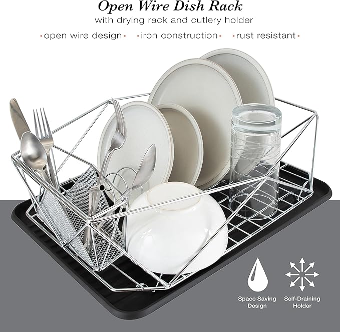 Kitchen Details Geode Deluxe Dish Drying Rack with Drain Board | Cutlery Basket | Utensil Holder | Iron Frame | Chrome