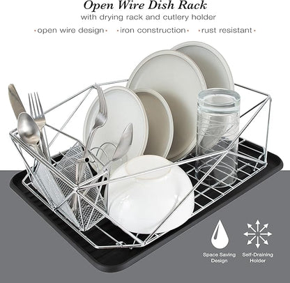 Kitchen Details Geode Deluxe Dish Drying Rack with Drain Board | Cutlery Basket | Utensil Holder | Iron Frame | Chrome