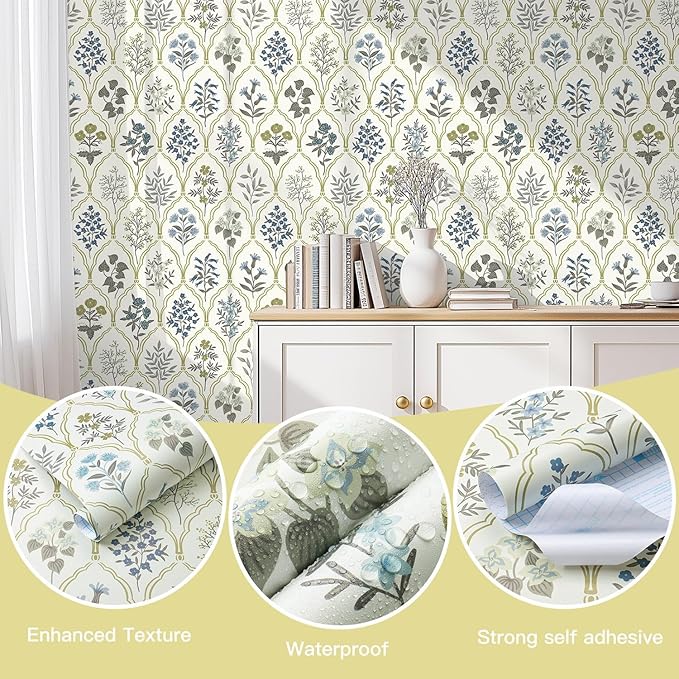 Dimoon 236"x17.3" Peel and Stick Wallpaper Contact Paper Floral Modern Removable Wallpaper Beige Wall Paper Self Adhesive Boho Contactpaper for Cabinets Drawers Blue Vintage Bedroom Thicken Vinyl