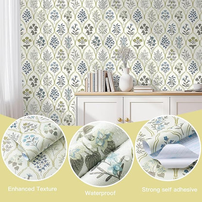 Dimoon 236"x17.3" Peel and Stick Wallpaper Contact Paper Floral Modern Removable Wallpaper Beige Wall Paper Self Adhesive Boho Contactpaper for Cabinets Drawers Blue Vintage Bedroom Thicken Vinyl