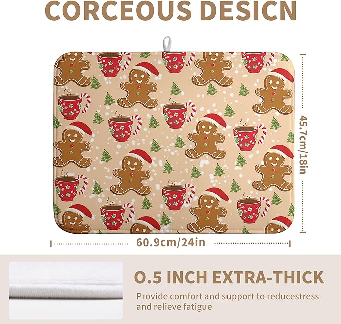 Cute Gingerbread Man Xmas Dish Drying Mat, Absorbent Dish Pad, 18x24 inch
