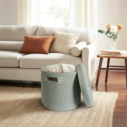 Storage Basket with Lid, Woven Blanket Storage for Living Room, Cotton Rope Bin with Lid, Round Wicker Laundry Basket with Cover, Lidded Kid Dog Toy Box, Nursery Organizer, 15"x13", Green