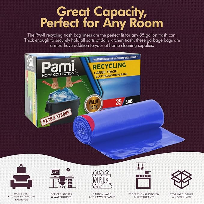 PAMI Recycling Tall Kitchen Drawstring Trash Bags- Extra-Strong Plastic Garbage Bags- Thick Trash Can Liners For Kitchen & Outdoor Bins- 2ft x2ft Unscented Trash Bags (30 Gallon – 35 Count – Blue)