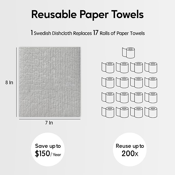 Swedish Dishcloths for Kitchen, 10 Pack Reusable Paper Towels Washable, Ultra Absorbent Dish Towels for Washing Dishes, Non-Scratch Cellulose Sponge Cloths, No Odor, Biodegradable