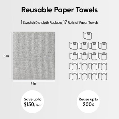 Swedish Dishcloths for Kitchen, 10 Pack Reusable Paper Towels Washable, Ultra Absorbent Dish Towels for Washing Dishes, Non-Scratch Cellulose Sponge Cloths, No Odor, Biodegradable