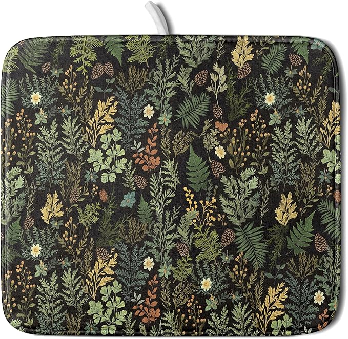 Black Green Botanical Dish Drying Mat for Kitchen Counter 16x18 Inch Super Absorbent Microfiber Kitchen Drying Mat Green Plant Fern Leaves Floral Dish Reusable Washable Dish Drying Pad for Coffee Bar