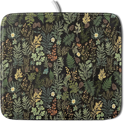 Black Green Botanical Dish Drying Mat for Kitchen Counter 16x18 Inch Super Absorbent Microfiber Kitchen Drying Mat Green Plant Fern Leaves Floral Dish Reusable Washable Dish Drying Pad for Coffee Bar