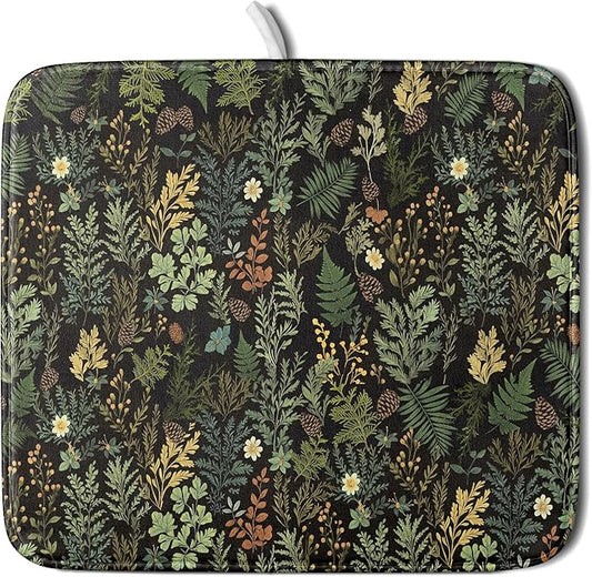 Black Green Botanical Dish Drying Mat for Kitchen Counter 16x18 Inch Super Absorbent Microfiber Kitchen Drying Mat Green Plant Fern Leaves Floral Dish Reusable Washable Dish Drying Pad for Coffee Bar