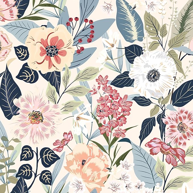 Timeet Floral Wallpaper Peel and Stick Vintage Floral Contact Paper Peel and Stick 17.3" x 120" Flower Wallpaper Boho Leaf Removable Self Adhesive Wall Paper for Cabinets Bedroom Wall Decorative