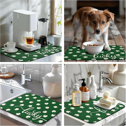 St Patrick Shamrock Drying Mat for Kitchen Counter Green White Lucky Clover Drying Dish Mat St Patricks Day Absorbent Microfiber Dish Drying Pad Reusable Dry Mat 16 x 18 Inch