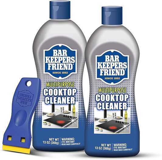 Bar Keepers Friend Cooktop Cleaner (2 x13 oz) + Scraper - Multipurpose Liquid Stovetop Cleanser, Safe for Use on Glass & Ceramic Cooking Surfaces, Copper, Brass, Chrome, Stainless Steel & Porcelain