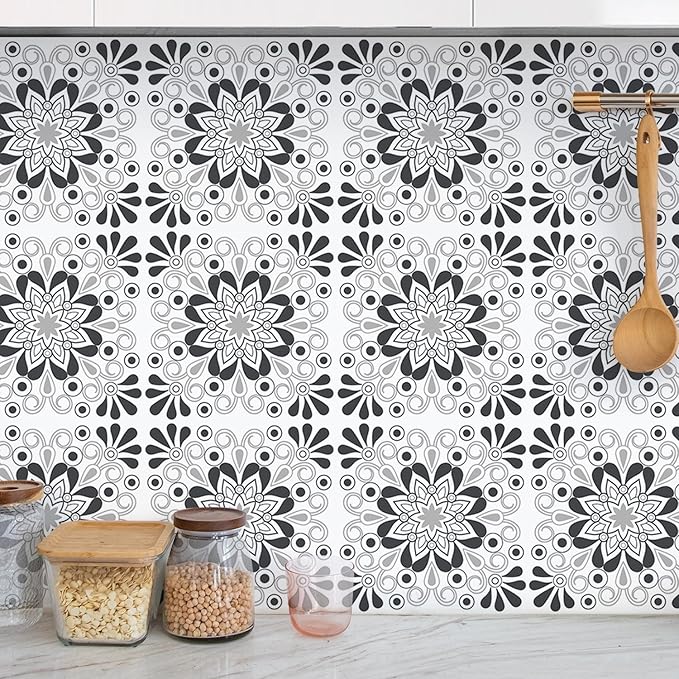 AM AMAONM 10pcs 20x20cm Removable Square Vintage Floral Pattern Tile Stickers 3D Decorative Peel and Stick Vinyl Self Adhesive Wall Tiles Decor Decals for Kitchen Backsplash Bathroom Furniture (B)