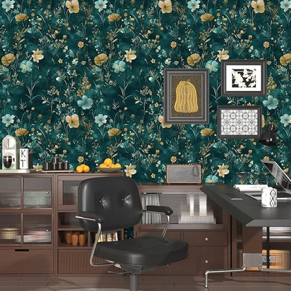 Laatse Teal/Blue/Yellow Floral Peel and Stick Wallpaper Boho Wallpaper 17.5"x118" Vintage Wildflowers Contact Paper Waterproof Self Adhesive Modern Stick on Wall Paper for Bedroom Walls Table Cabinet
