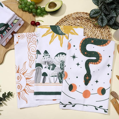 Zubebe 6 Pack Boho Kitchen Towels 18 x 28'' Mushroom Witchy Kitchen Towels Moon Celestial Absorbent Dishcloth Decor Gifts for Farmhouse Home Decorations