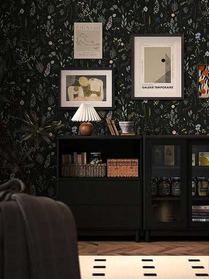 Dimoon 78.7"x16.1" Floral Peel and Stick Wallpaper Black Contact Paper Thicken Wallpaper Delicate Flower Waterproof Green Leaf White Self Adhesive Removable Wall Paper Shelf Liner Decal Vinyl Roll