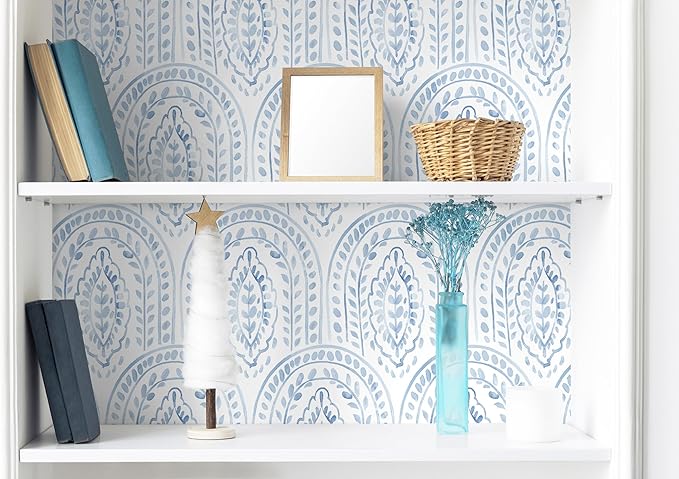 EeeComing Blue Peel and Stick Wallpaper Boho Wall Paper Peel and Stick Modern Contact Paper Self Adhesive Wallpaper for Bedroom and Bathroom Wallpaper Removable Cabinet Shelf Liner Vinyl 17.3”X197”