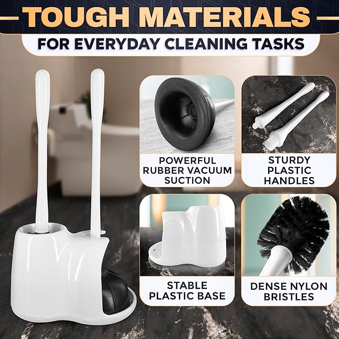 2 in 1 Toilet Plunger and Brush Set White - Toilet Brush and Plunger Set White with Stiff Bristles, Strong Vacuum Suction and Holder - Space-Saving Stand, Fits Most Standard Toilets, 9.3×6.3×15.2 inch