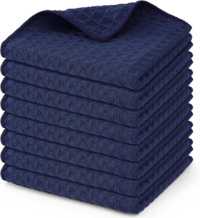 Homaxy Microfiber Waffle Weave Kitchen Dish Cloths, 12 x 12 Inch Ultra Absorbent and Solid Color Dish Towels for Kitchen Fast Drying Dishcloth for Washing Dishes, 8 Pack, Navy Blue