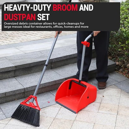 Commercial Broom and Dustpan Set,Heavy Duty Broom Set,Jumbo Debris Dustpan, Trash Collection for Commercial/Industrial Cleaning,2Sets, Red,Extra-Large Size