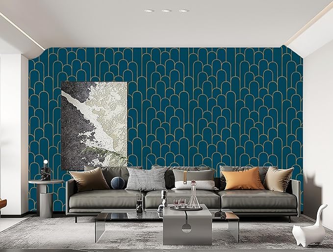 Yasinet Peel and Stick Wallpaper Blue and Gold Wallpaper Blue Geometric Contact Paper Removable Self-Adhesive Stripe Waterproof Wall Paper Decorative for Wall Bedroom Vinyl Film 17.3”x118”