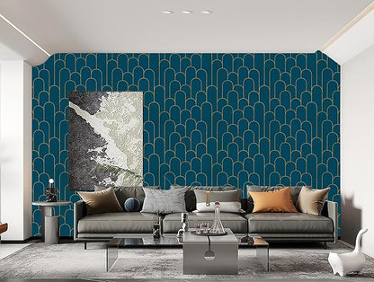 Yasinet Peel and Stick Wallpaper Blue and Gold Wallpaper Blue Geometric Contact Paper Removable Self-Adhesive Stripe Waterproof Wall Paper Decorative for Wall Bedroom Vinyl Film 17.3”x118”