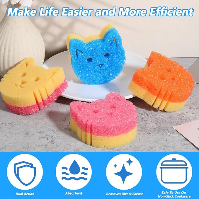 3 Pcs Cat Scrub Sponge Dual Sided Multi Functional Cute Dish Scrubber Non Scratch Cleaning Pads Temperature Sensitive Sponge for Washing Dishes Kitchen Household Bathroom