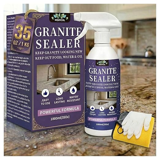 Meuvcol Granite Sealer & Protector Spray - 35 Oz Marble Sealer for Quartz, Quartzite, Stone, Granite Countertops - Prevents Water Spots & Oil Stains - Non-Toxic Stone Care for Kitchen, Bath & Shower