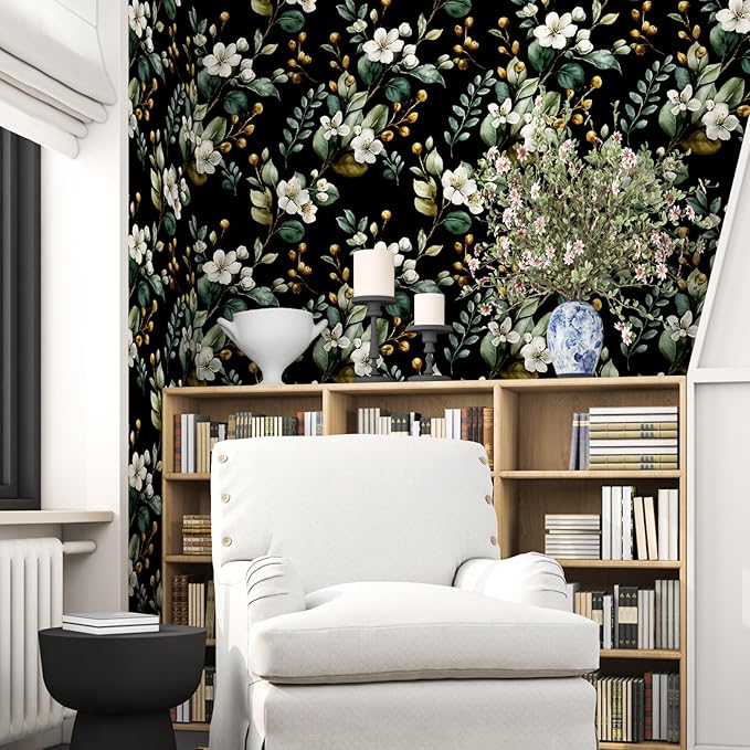 Black Floral Wallpaper Peel and Stick, Vintage Dark Green Leaves with White Flower Pattern Self Adhesive Wall Paper for Bedroom Cabinet Cubicle, Waterproof Classic Contact Paper 17.5In x 118In