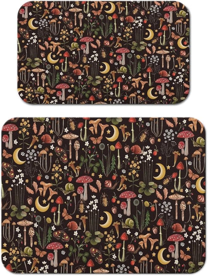 Dish Drying Mat for Kitchen Counter 2 Pack with Non-Slip Rubber Backing - Heat-Resistant Absorbent Coffee Bar Mat, Dish Rack Mat, Mushrooms Dish Drying Mats 18x24+19.5x12 inch
