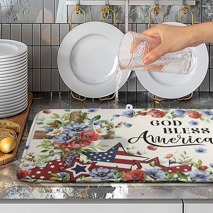 4th of July Drying Mat for Kitchen Counter Patriotic Floral Cross Stars Dish Drying Pad Independence Day Absorbent Microfiber Washable Dish Draining Mat Extra Large 18"x24"