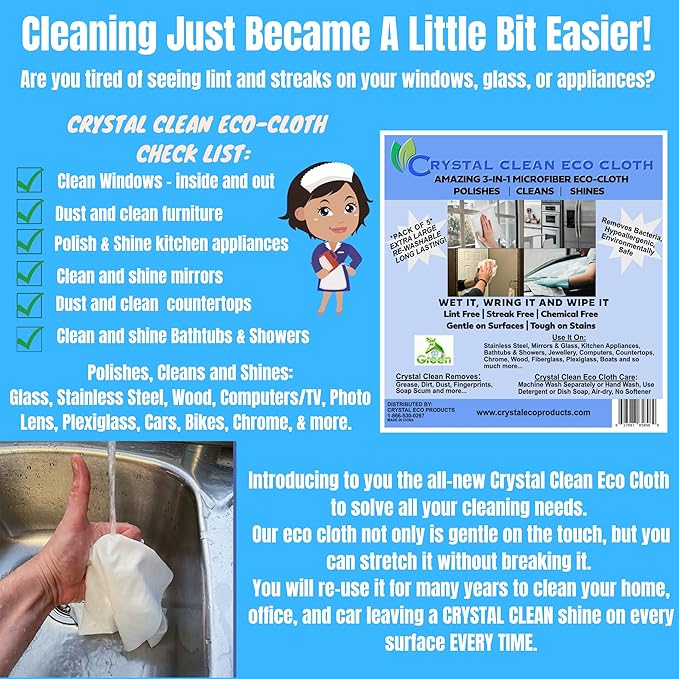 Crystal Clean Eco-Cloth Amazing Lint-Free/Streak-Free/Chemical-Free Microfiber Cloth for Windows & Glass/Mirrors Stainless Steel Appliances TV/Computer/ Tablets...5 in a Pack, White, 16''x16''