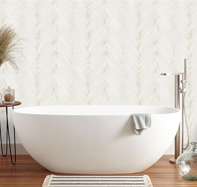 Modern Peel and Stick Wallpaper 17.3"x120" Beige Herringbone Striped Wall Paper Boho Self-Adhesive Removable Contact Paper for Cabinets Bathroom Bedroom Wall Decor