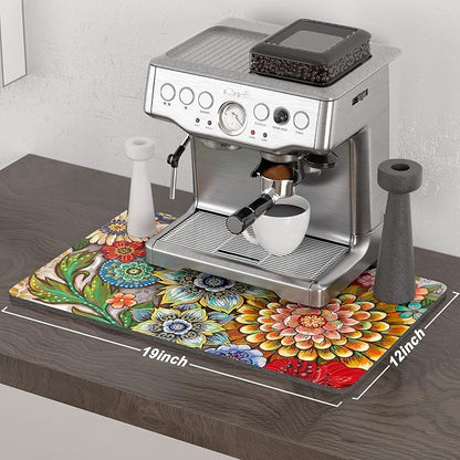 Rnivvi Coffee Mat, 12" x 19" Cute Flower Theme Coffee Bar Mats for Espresso Machine Station Accessories and Organizer, Hide Stain Rubber Backed Absorbent Dish Drying Pad for Kitchen Counter, Mandala