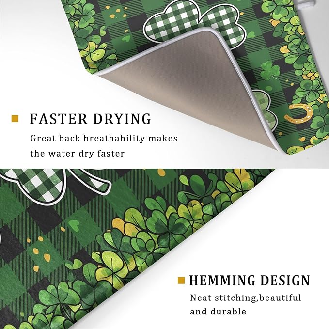 St Patrick's Day Green Clover Dish Drying Mat 18 x 24 Inch With Absorbent Reversible Microfiber Spring Buffalo Plaid Lucky Clover Shamrock Drying Dish Drainer Mat Fast Dry For Kitchen Dining Room
