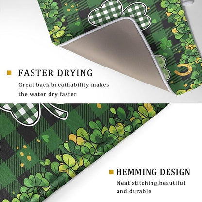 St Patrick's Day Green Clover Dish Drying Mat 18 x 24 Inch With Absorbent Reversible Microfiber Spring Buffalo Plaid Lucky Clover Shamrock Drying Dish Drainer Mat Fast Dry For Kitchen Dining Room