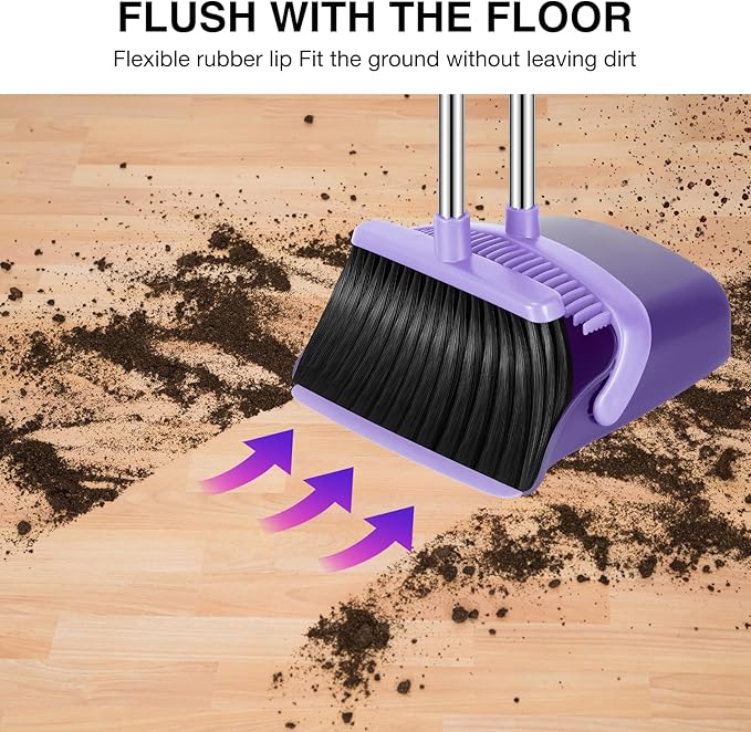 NACENA Broom and Dustpan Set, 52-in Long Adjustable Handle Broom Dustpan Combo with Dustpan Teeth to Automatically Clean Hair Suitable for Home Kitchen Office Hall Floor (Purple)