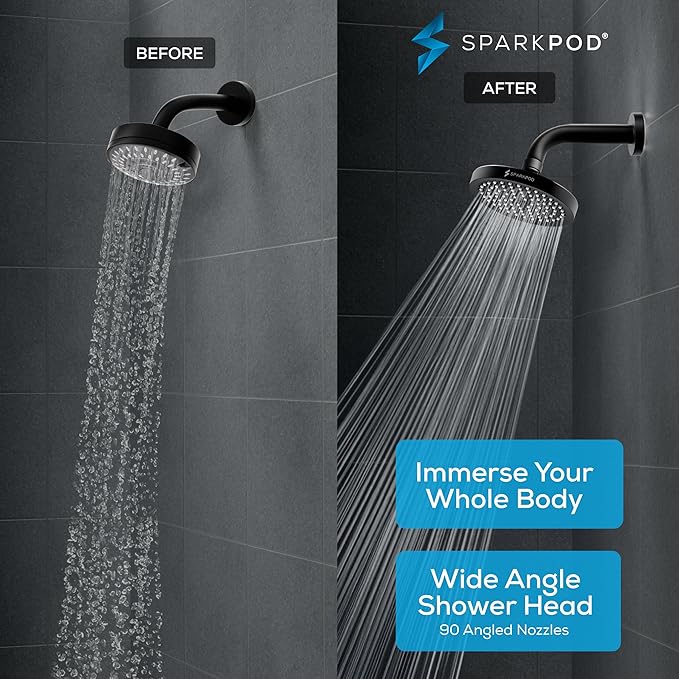 SparkPod Shower Head - High Pressure Rain - Premium Quality Luxury Design - Easy Clean Adjustable Replacement for Your Bathroom Shower Heads (Midnight Black Matte, 6 Inch Round)