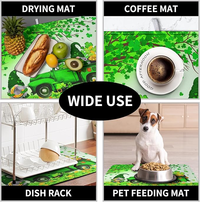St Patrick's Day Shamrock Dish Drying Mat for Kitchen Counter Green Gnome Truck Dish Dry Mat St Patrick Spring Drying Mats Microfiber Absorbent Dish Drainer Rack Mat Large 18x24 Inch