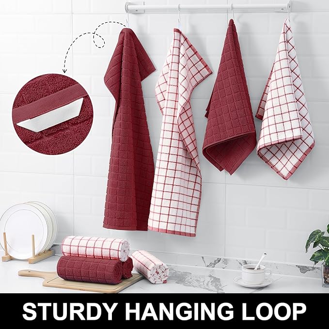 Homaxy Premium Cotton Kitchen Towels 16"x 28", Large Natural Ring Spun 390 GSM Dish Towels, Super Absorbent Terry Kitchen Hand Towels, Soft Tea Towels with Hanging Loop, Red Check Design, 12 Pack